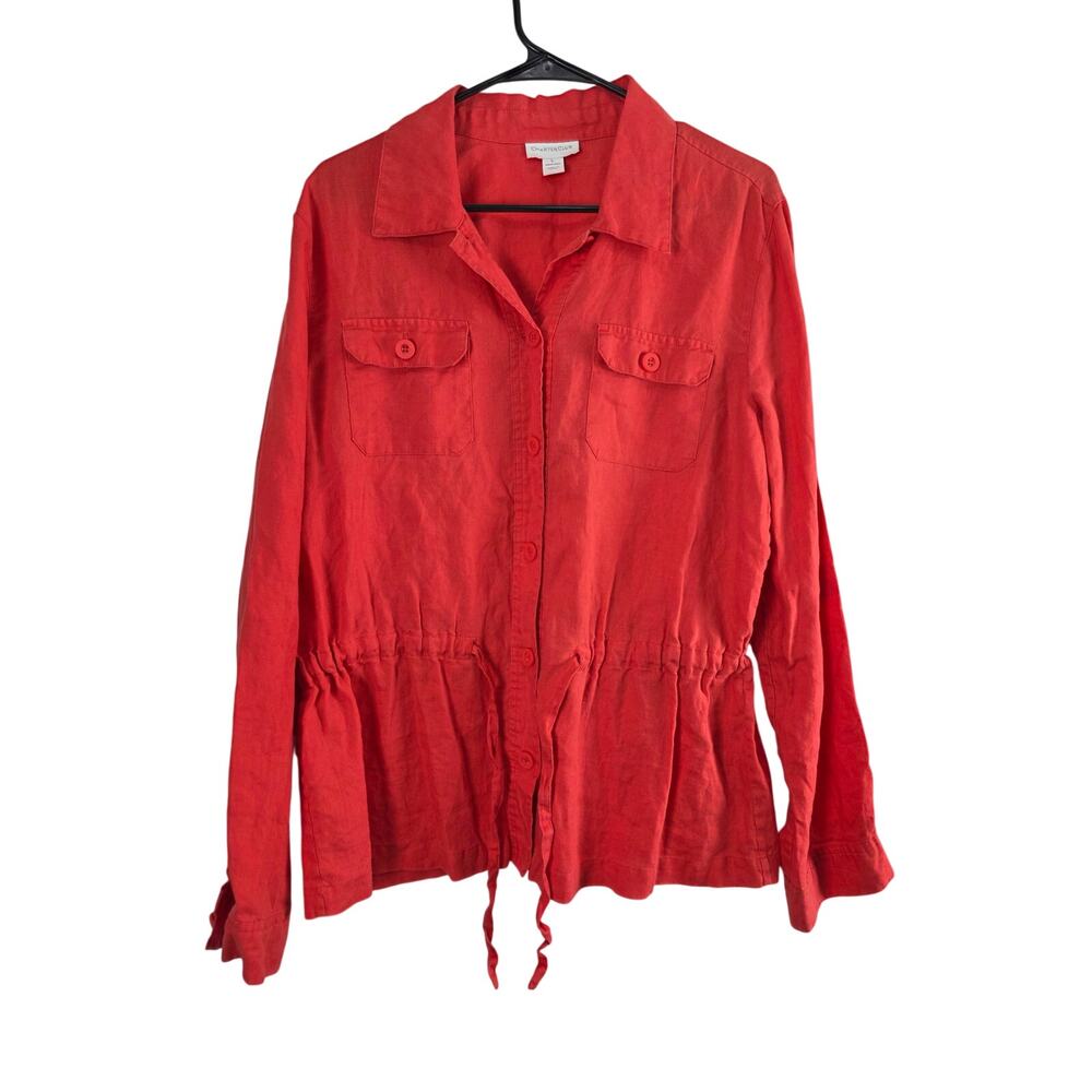 Charter Club 100% Linen‎ Button Front Top L Womens Red Long Sleeve Classic